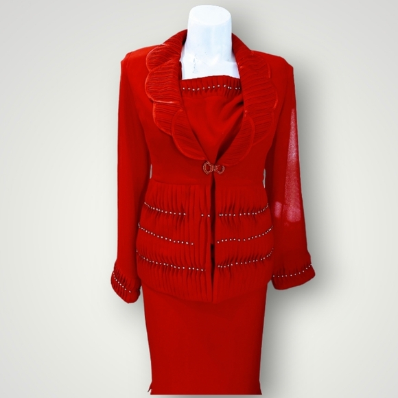 Tally Taylor Red 3 Piece Skirt Suit Embellished Jacket & Flair Skirt Detail Sz 8 - Picture 2 of 12